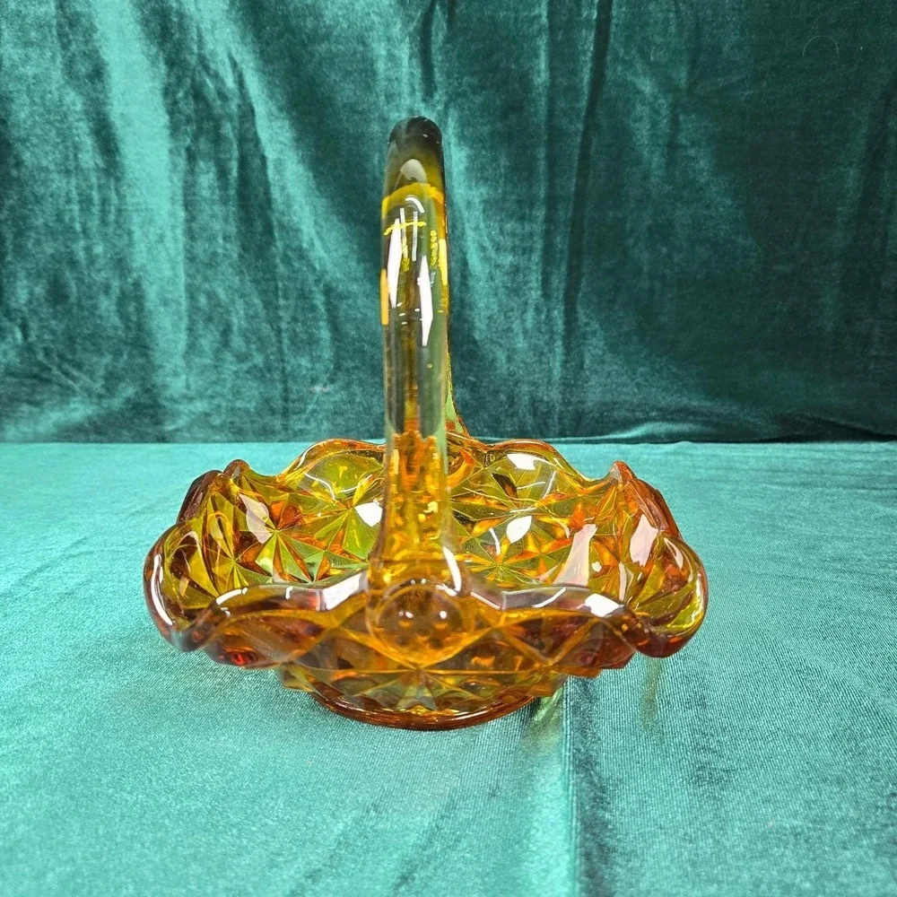 Indiana Glass Monticello Pattern Yellow Mist‎ Amber Handled Basket 6